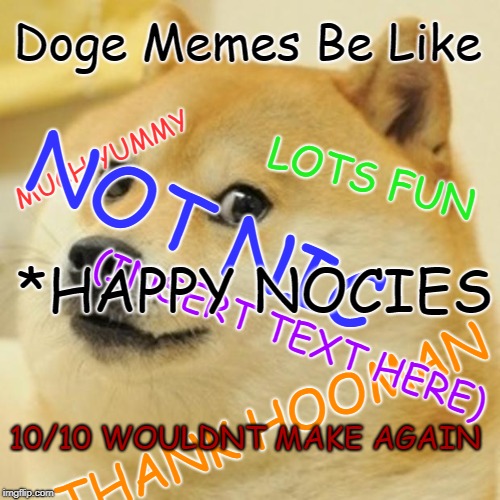 Doge | Doge Memes Be Like; MUCH YUMMY; LOTS FUN; NOT NIC; *HAPPY NOCIES; (INSERT TEXT HERE); 10/10 WOULDNT MAKE AGAIN; THANK HOOMAN | image tagged in memes,doge | made w/ Imgflip meme maker