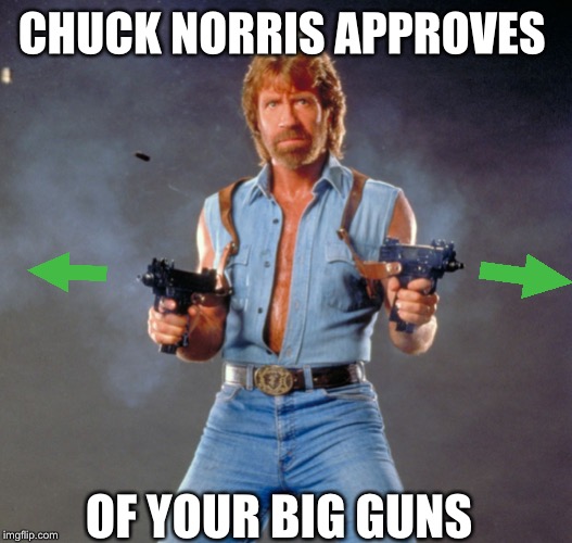 Chuck Norris Guns Meme | CHUCK NORRIS APPROVES OF YOUR BIG GUNS | image tagged in memes,chuck norris guns,chuck norris | made w/ Imgflip meme maker