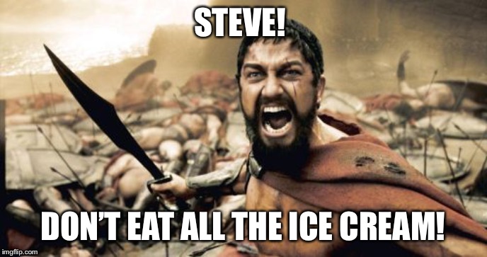 Sparta Leonidas Meme | STEVE! DON’T EAT ALL THE ICE CREAM! | image tagged in memes,sparta leonidas | made w/ Imgflip meme maker