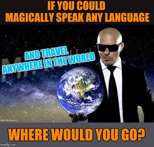 Mr Worldwide | IF YOU COULD MAGICALLY SPEAK ANY LANGUAGE; AND TRAVEL ANYWHERE IN THE WORLD; WHERE WOULD YOU GO? | image tagged in mr worldwide | made w/ Imgflip meme maker
