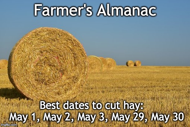 Farmer's Almanac; Best dates to cut hay:   May 1, May 2, May 3, May 29, May 30 | image tagged in farm,farmers,crops,hay | made w/ Imgflip meme maker