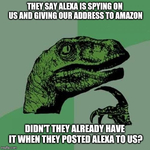 Philosoraptor | THEY SAY ALEXA IS SPYING ON US AND GIVING OUR ADDRESS TO AMAZON; DIDN'T THEY ALREADY HAVE IT WHEN THEY POSTED ALEXA TO US? | image tagged in memes,philosoraptor | made w/ Imgflip meme maker