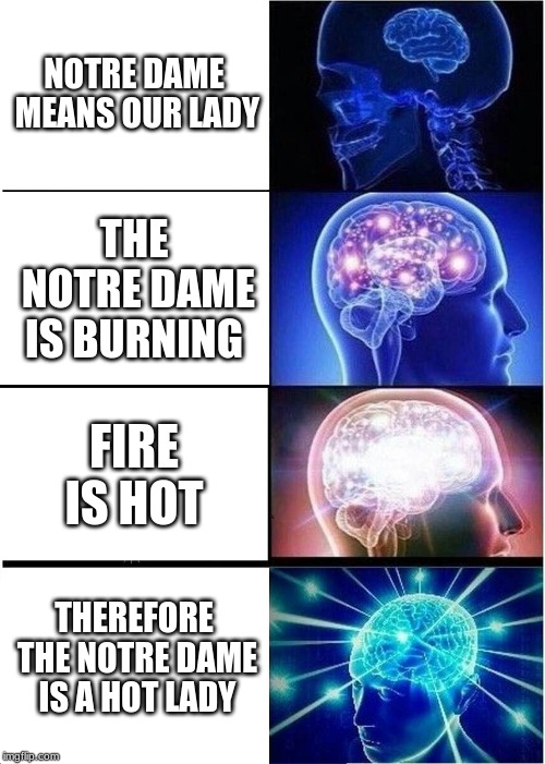 Expanding Brain Meme | NOTRE DAME MEANS OUR LADY; THE NOTRE DAME IS BURNING; FIRE IS HOT; THEREFORE THE NOTRE DAME IS A HOT LADY | image tagged in memes,expanding brain | made w/ Imgflip meme maker