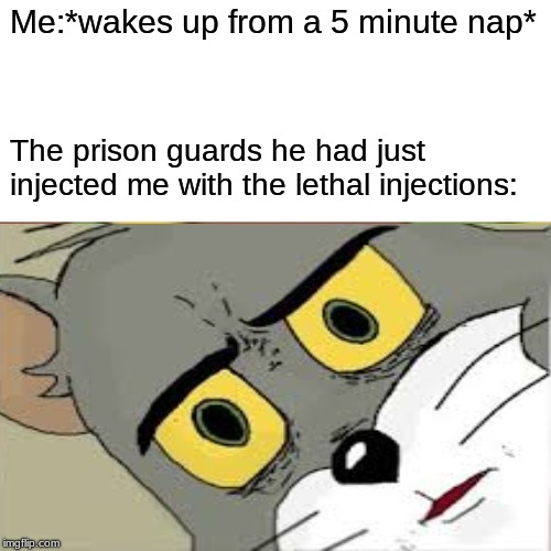 Surprised Pikachu Meme | Me:*wakes up from a 5 minute nap*; The prison guards he had just injected me with the lethal injections: | image tagged in memes,surprised pikachu | made w/ Imgflip meme maker
