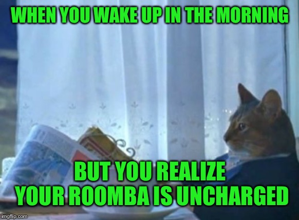 I Should Buy A Boat Cat | WHEN YOU WAKE UP IN THE MORNING; BUT YOU REALIZE YOUR ROOMBA IS UNCHARGED | image tagged in memes,i should buy a boat cat | made w/ Imgflip meme maker
