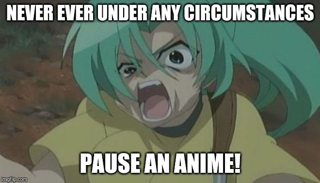 NEVER pause an anime | NEVER EVER UNDER ANY CIRCUMSTANCES; PAUSE AN ANIME! | image tagged in never pause an anime | made w/ Imgflip meme maker