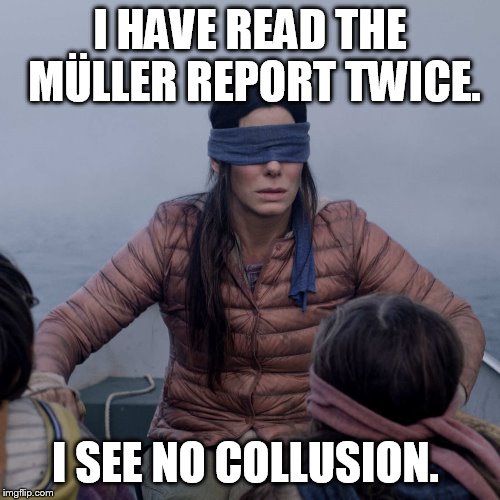 Bird Box | I HAVE READ THE MÜLLER REPORT TWICE. I SEE NO COLLUSION. | image tagged in memes,bird box | made w/ Imgflip meme maker