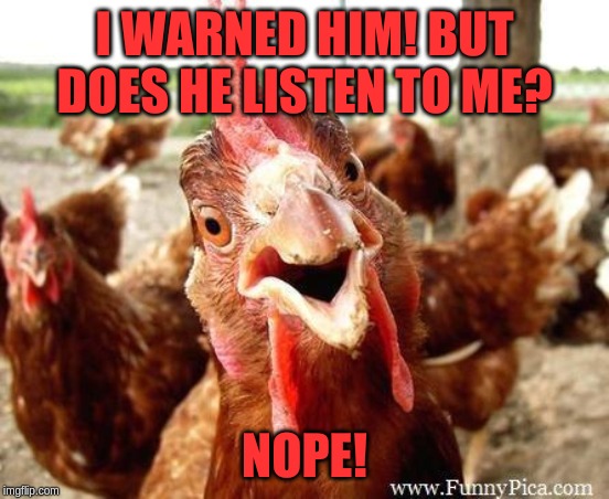 Chicken | I WARNED HIM! BUT DOES HE LISTEN TO ME? NOPE! | image tagged in chicken | made w/ Imgflip meme maker