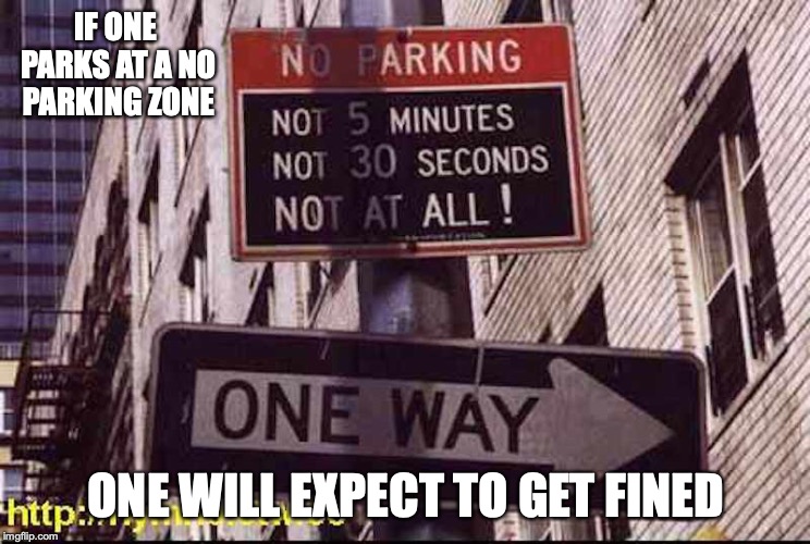 No Parking Sign | IF ONE PARKS AT A NO PARKING ZONE; ONE WILL EXPECT TO GET FINED | image tagged in parking,memes | made w/ Imgflip meme maker
