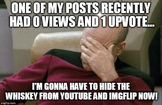 Captain Picard Facepalm | ONE OF MY POSTS RECENTLY HAD 0 VIEWS AND 1 UPVOTE... I'M GONNA HAVE TO HIDE THE WHISKEY FROM YOUTUBE AND IMGFLIP NOW! | image tagged in memes,captain picard facepalm | made w/ Imgflip meme maker