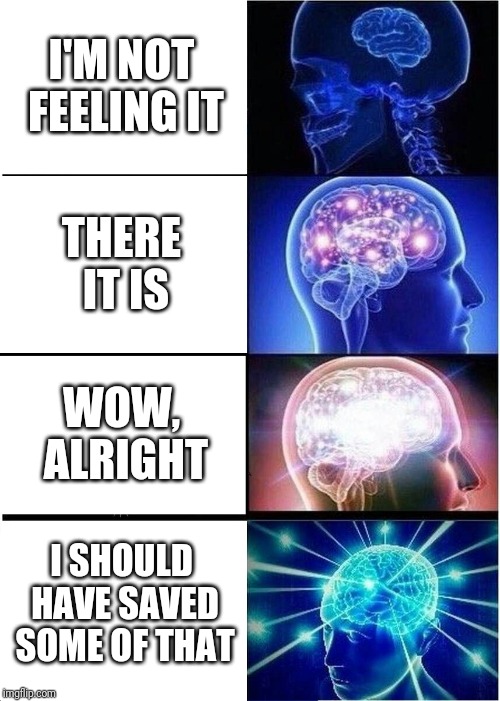 Expanding Brain Meme | I'M NOT FEELING IT; THERE IT IS; WOW, ALRIGHT; I SHOULD HAVE SAVED SOME OF THAT | image tagged in memes,expanding brain | made w/ Imgflip meme maker