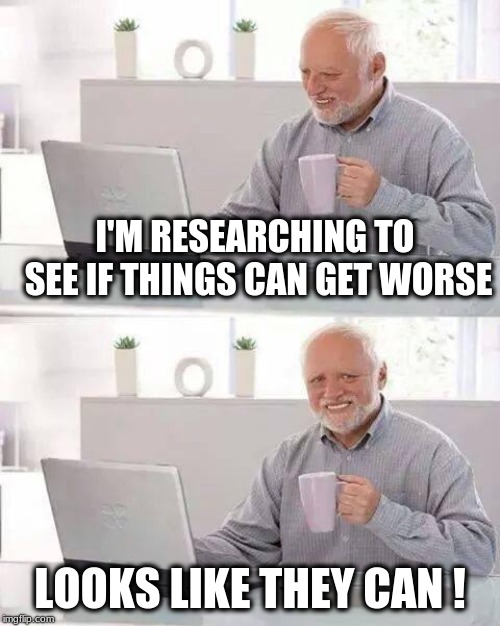 Do the research Harold | I'M RESEARCHING TO SEE IF THINGS CAN GET WORSE; LOOKS LIKE THEY CAN ! | image tagged in memes,hide the pain harold,healthcare,government corruption,scumbag government,sick | made w/ Imgflip meme maker