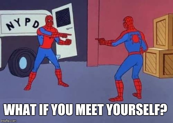 Spiderman mirror | WHAT IF YOU MEET YOURSELF? | image tagged in spiderman mirror | made w/ Imgflip meme maker