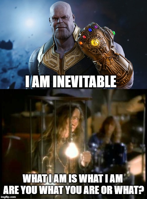 Thanos Says in Endgame...... | I AM INEVITABLE; WHAT I AM IS WHAT I AM ARE YOU WHAT YOU ARE OR WHAT? | image tagged in thanos | made w/ Imgflip meme maker