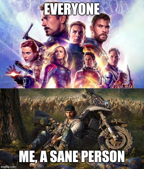 Days end | EVERYONE; ME, A SANE PERSON | image tagged in avengers endgame,sony,playstation,zombies,motorcycle,avengers | made w/ Imgflip meme maker
