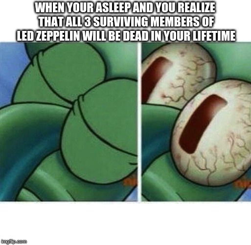 Squidward | WHEN YOUR ASLEEP AND YOU REALIZE THAT ALL 3 SURVIVING MEMBERS OF LED ZEPPELIN WILL BE DEAD IN YOUR LIFETIME | image tagged in squidward | made w/ Imgflip meme maker