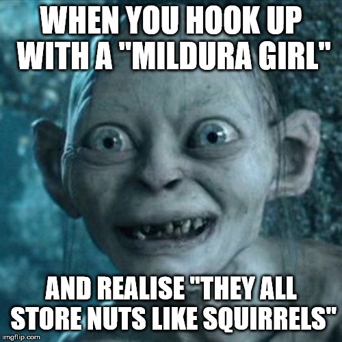 Gollum Meme | WHEN YOU HOOK UP WITH A "MILDURA GIRL"; AND REALISE "THEY ALL STORE NUTS LIKE SQUIRRELS" | image tagged in memes,gollum | made w/ Imgflip meme maker