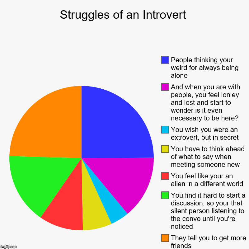 Struggles of an Introvert | They tell you to get more friends, You find it hard to start a discussion, so your that silent person listening  | image tagged in charts,pie charts | made w/ Imgflip chart maker