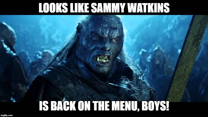 meat is back on the menu | LOOKS LIKE SAMMY WATKINS; IS BACK ON THE MENU, BOYS! | image tagged in meat is back on the menu | made w/ Imgflip meme maker