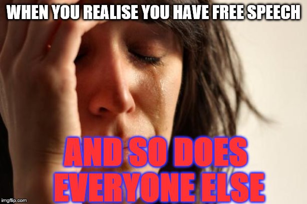 First World Problems Meme | WHEN YOU REALISE YOU HAVE FREE SPEECH; AND SO DOES EVERYONE ELSE | image tagged in memes,first world problems | made w/ Imgflip meme maker