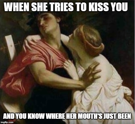 THE KISS | WHEN SHE TRIES TO KISS YOU; AND YOU KNOW WHERE HER MOUTH'S JUST BEEN | image tagged in kissing | made w/ Imgflip meme maker