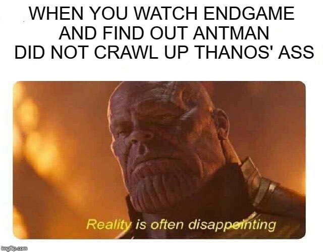 Disappointing Reality | WHEN YOU WATCH ENDGAME AND FIND OUT ANTMAN DID NOT CRAWL UP THANOS' ASS | image tagged in disappointing reality | made w/ Imgflip meme maker