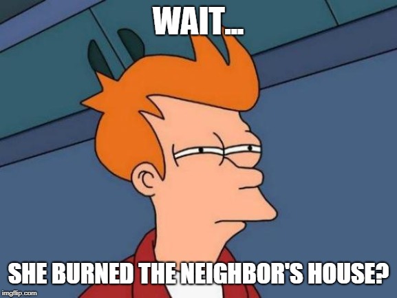 Futurama Fry Meme | WAIT... SHE BURNED THE NEIGHBOR'S HOUSE? | image tagged in memes,futurama fry | made w/ Imgflip meme maker