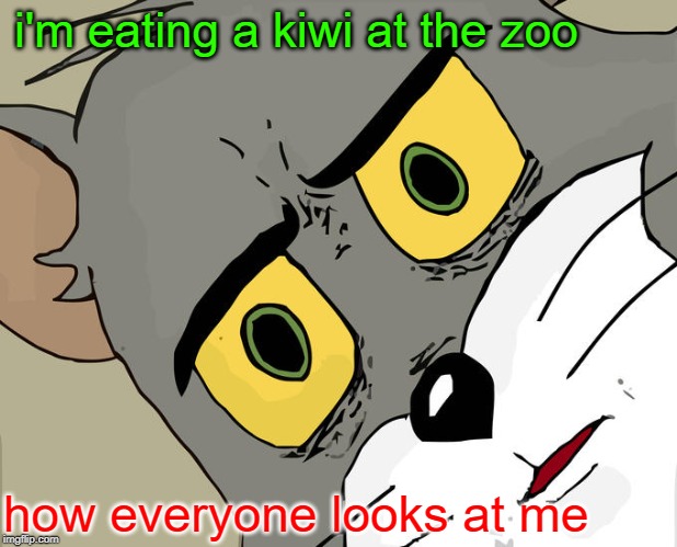 Unsettled Tom Meme | i'm eating a kiwi at the zoo; how everyone looks at me | image tagged in memes,unsettled tom | made w/ Imgflip meme maker