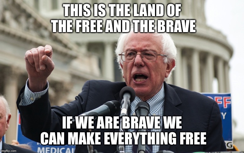 Bernie Sanders | THIS IS THE LAND OF THE FREE AND THE BRAVE IF WE ARE BRAVE WE CAN MAKE EVERYTHING FREE | image tagged in bernie sanders | made w/ Imgflip meme maker