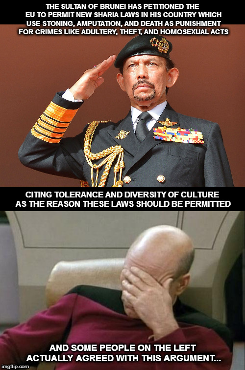 ♫ "It's barbaric, but hey, it's home!" ♫ | AND SOME PEOPLE ON THE LEFT ACTUALLY AGREED WITH THIS ARGUMENT... | image tagged in memes,captain picard facepalm,sultan of brunei,homophobia is diversity | made w/ Imgflip meme maker