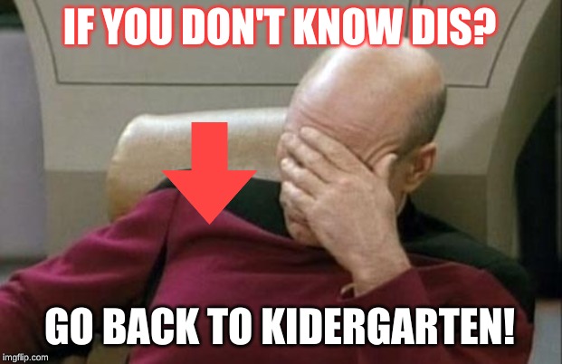 Captain Picard Facepalm | IF YOU DON'T KNOW DIS? GO BACK TO KIDERGARTEN! | image tagged in memes,captain picard facepalm | made w/ Imgflip meme maker