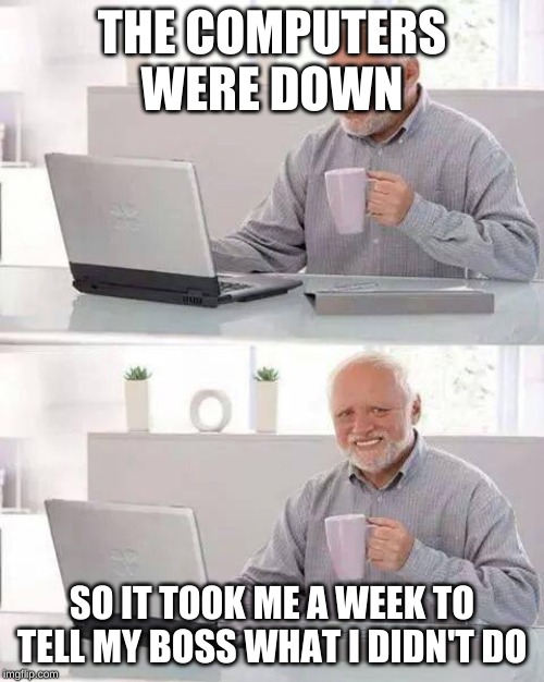 Hide the Pain Harold Meme | THE COMPUTERS WERE DOWN; SO IT TOOK ME A WEEK TO TELL MY BOSS WHAT I DIDN'T DO | image tagged in memes,hide the pain harold | made w/ Imgflip meme maker