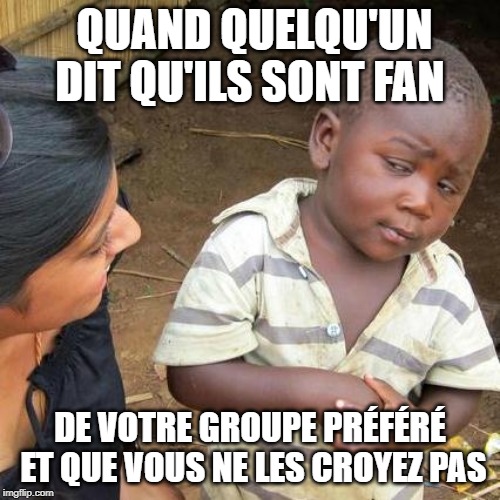 Third World Skeptical Kid | QUAND QUELQU'UN DIT QU'ILS SONT FAN; DE VOTRE GROUPE PRÉFÉRÉ ET QUE VOUS NE LES CROYEZ PAS | image tagged in memes,third world skeptical kid | made w/ Imgflip meme maker