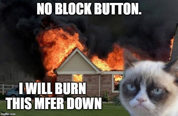 Burn Kitty Meme | NO BLOCK BUTTON. I WILL BURN THIS MFER DOWN | image tagged in memes,burn kitty,grumpy cat | made w/ Imgflip meme maker