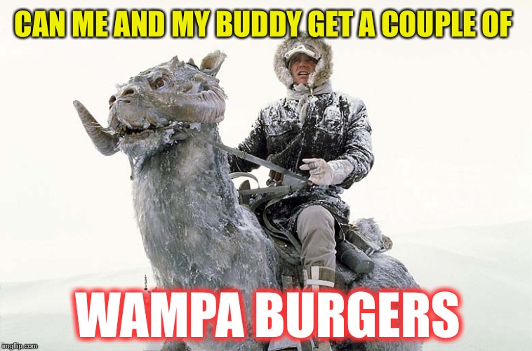 Han Solo hoth snow | CAN ME AND MY BUDDY GET A COUPLE OF WAMPA BURGERS | image tagged in han solo hoth snow | made w/ Imgflip meme maker