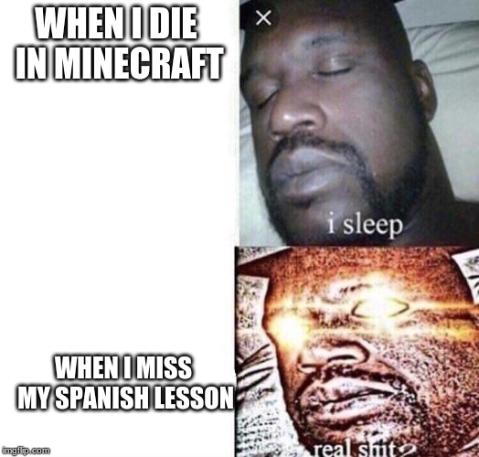 i sleep real shit | WHEN I DIE IN MINECRAFT; WHEN I MISS MY SPANISH LESSON | image tagged in i sleep real shit | made w/ Imgflip meme maker