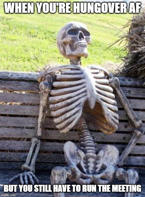 Waiting Skeleton Meme | WHEN YOU'RE HUNGOVER AF; BUT YOU STILL HAVE TO RUN THE MEETING | image tagged in memes,waiting skeleton | made w/ Imgflip meme maker
