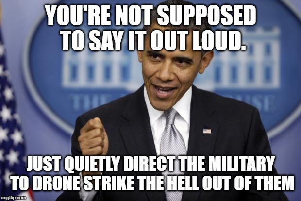 Barack Obama | YOU'RE NOT SUPPOSED TO SAY IT OUT LOUD. JUST QUIETLY DIRECT THE MILITARY TO DRONE STRIKE THE HELL OUT OF THEM | image tagged in barack obama | made w/ Imgflip meme maker