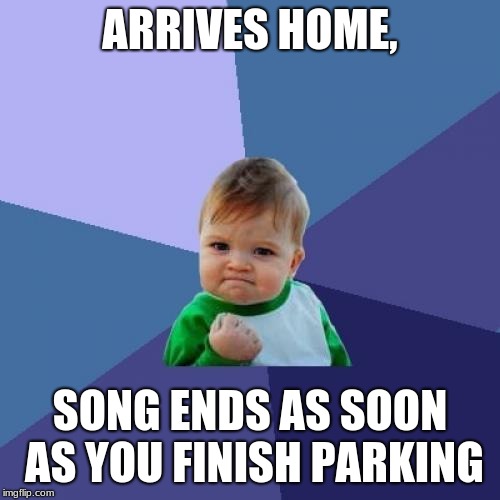 Success Kid | ARRIVES HOME, SONG ENDS AS SOON AS YOU FINISH PARKING | image tagged in memes,success kid | made w/ Imgflip meme maker