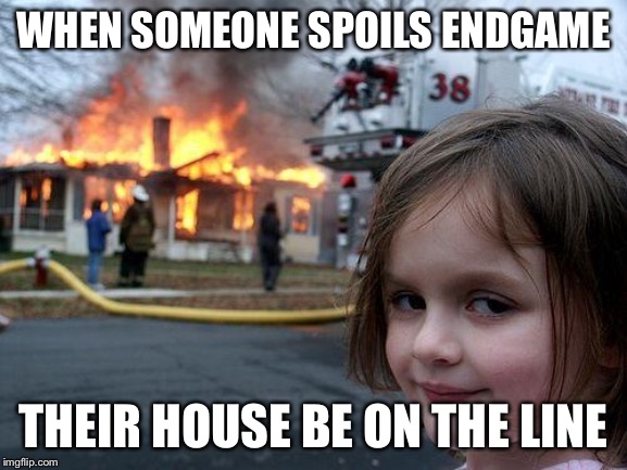 Disaster Girl Meme | WHEN SOMEONE SPOILS ENDGAME; THEIR HOUSE BE ON THE LINE | image tagged in memes,disaster girl | made w/ Imgflip meme maker