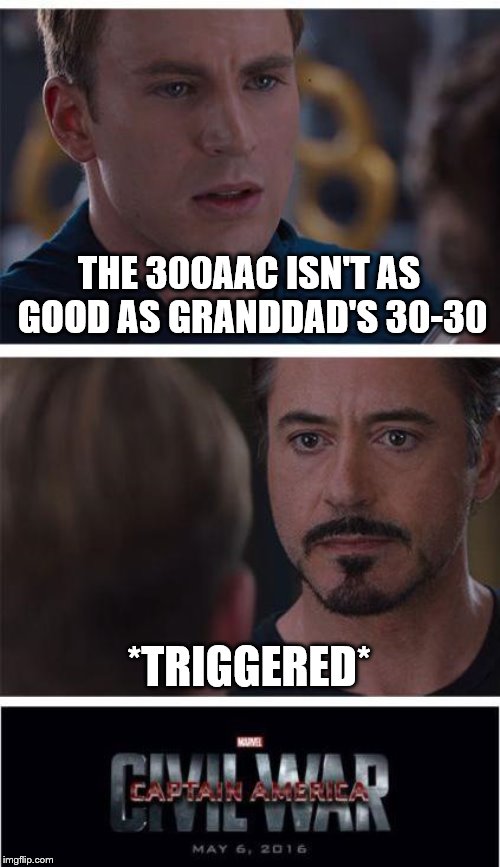 Marvel Civil War 1 | THE 300AAC ISN'T AS GOOD AS GRANDDAD'S 30-30; *TRIGGERED* | image tagged in memes,marvel civil war 1 | made w/ Imgflip meme maker