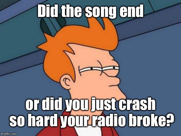 Futurama Fry Meme | Did the song end or did you just crash so hard your radio broke? | image tagged in memes,futurama fry | made w/ Imgflip meme maker