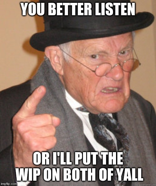 Back In My Day Meme | YOU BETTER LISTEN; OR I'LL PUT THE WIP ON BOTH OF YALL | image tagged in memes,back in my day | made w/ Imgflip meme maker