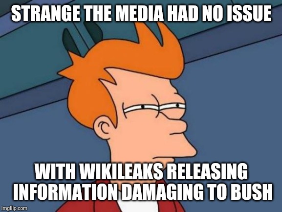 Futurama Fry Meme | STRANGE THE MEDIA HAD NO ISSUE WITH WIKILEAKS RELEASING INFORMATION DAMAGING TO BUSH | image tagged in memes,futurama fry | made w/ Imgflip meme maker