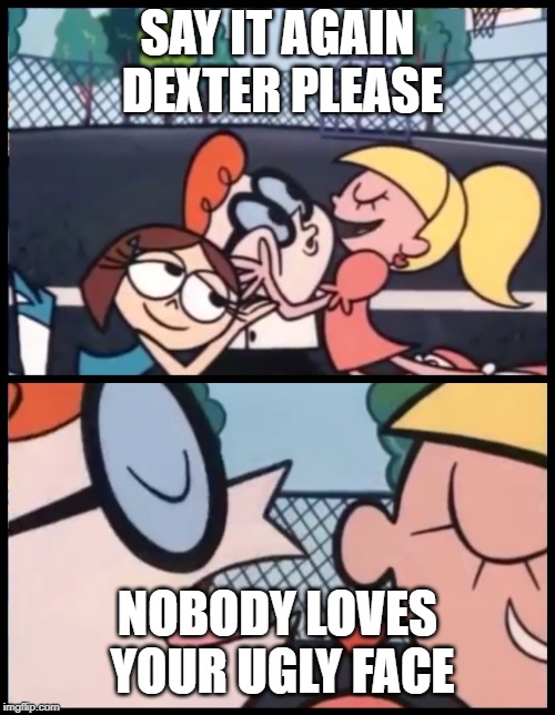 Say it Again, Dexter Meme | SAY IT AGAIN DEXTER PLEASE; NOBODY LOVES YOUR UGLY FACE | image tagged in memes,say it again dexter | made w/ Imgflip meme maker