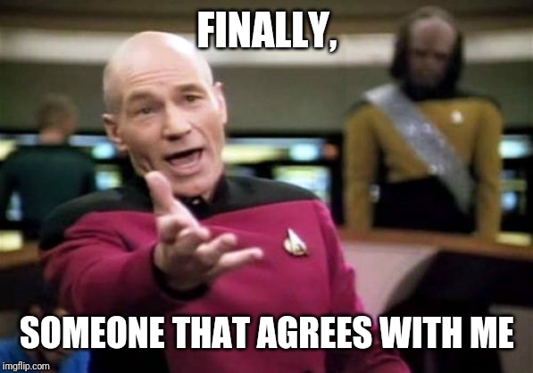 Picard Wtf Meme | FINALLY, SOMEONE THAT AGREES WITH ME | image tagged in memes,picard wtf | made w/ Imgflip meme maker