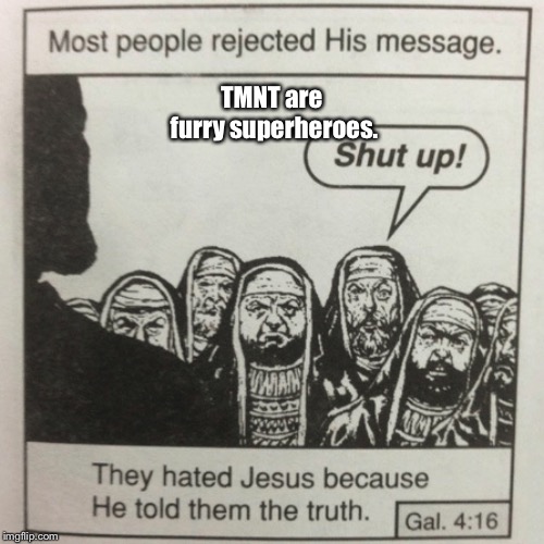 They hated jesus because he told them the truth | TMNT are furry superheroes. | image tagged in they hated jesus because he told them the truth | made w/ Imgflip meme maker