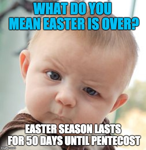 Skeptical Baby | WHAT DO YOU MEAN EASTER IS OVER? EASTER SEASON LASTS FOR 50 DAYS UNTIL PENTECOST | image tagged in memes,skeptical baby | made w/ Imgflip meme maker