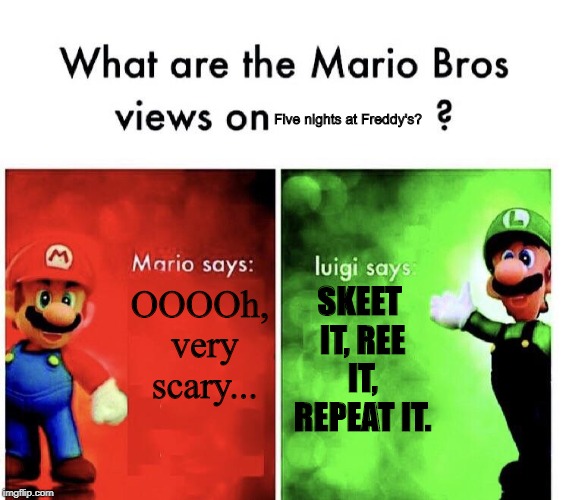What Are the Mario Bros views on... | Five nights at Freddy's? OOOOh, very scary... SKEET IT, REE IT, REPEAT IT. | image tagged in what are the mario bros views on | made w/ Imgflip meme maker