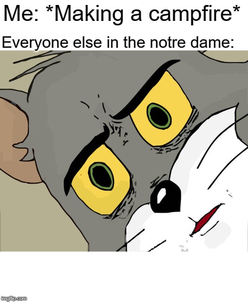 It was cold in there | Me: *Making a campfire*; Everyone else in the notre dame: | image tagged in memes,unsettled tom | made w/ Imgflip meme maker